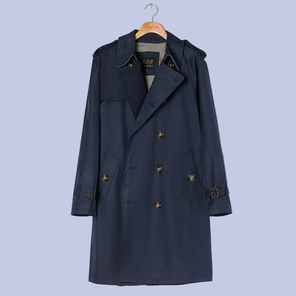 The deep navy blue Military Style Double-Breasted Trench Coat