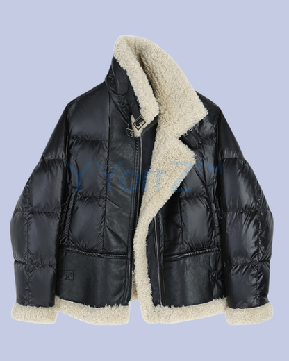 A display of the black faux jacket.