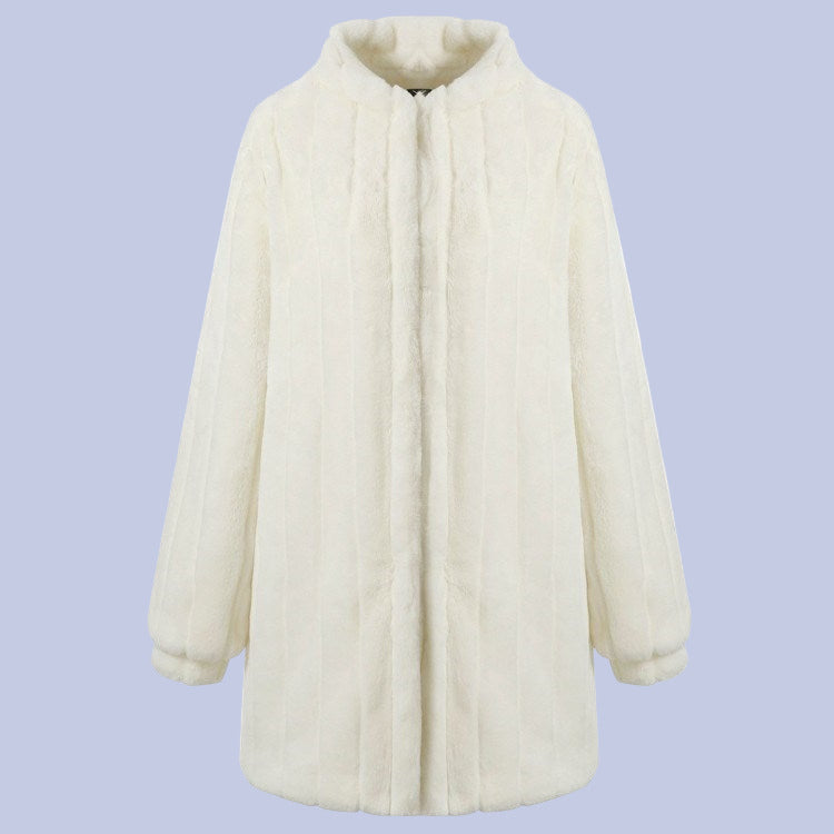 The front view of the Soft White Faux Fur Overcoat on display