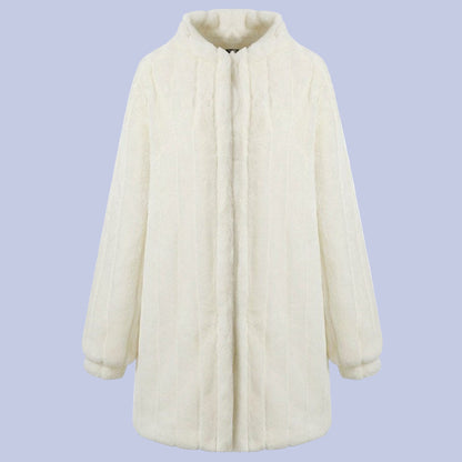 The front view of the Soft White Faux Fur Overcoat on display