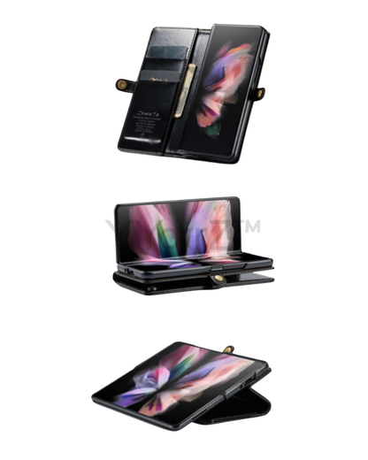 The folded views of the black Samsung Galaxy Z Fold3 5G Magnetic Leather Wallet Cover