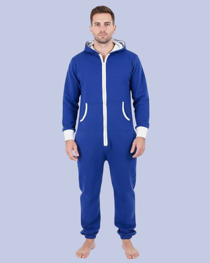 The front view of the Men’s Fleece One Piece Hooded Jumpsuit