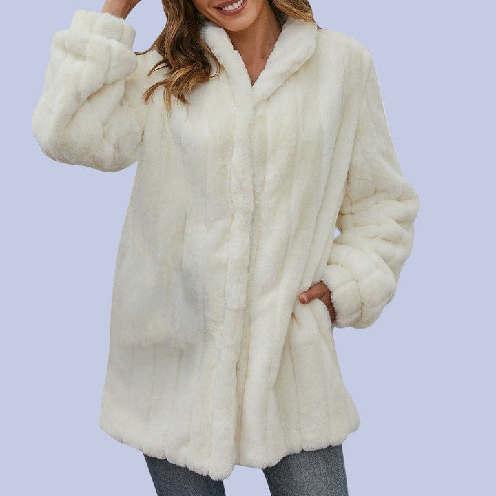 The front view of the Soft White Faux Fur Overcoat