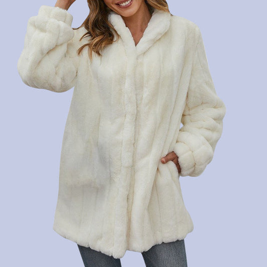 The front view of the Soft White Faux Fur Overcoat