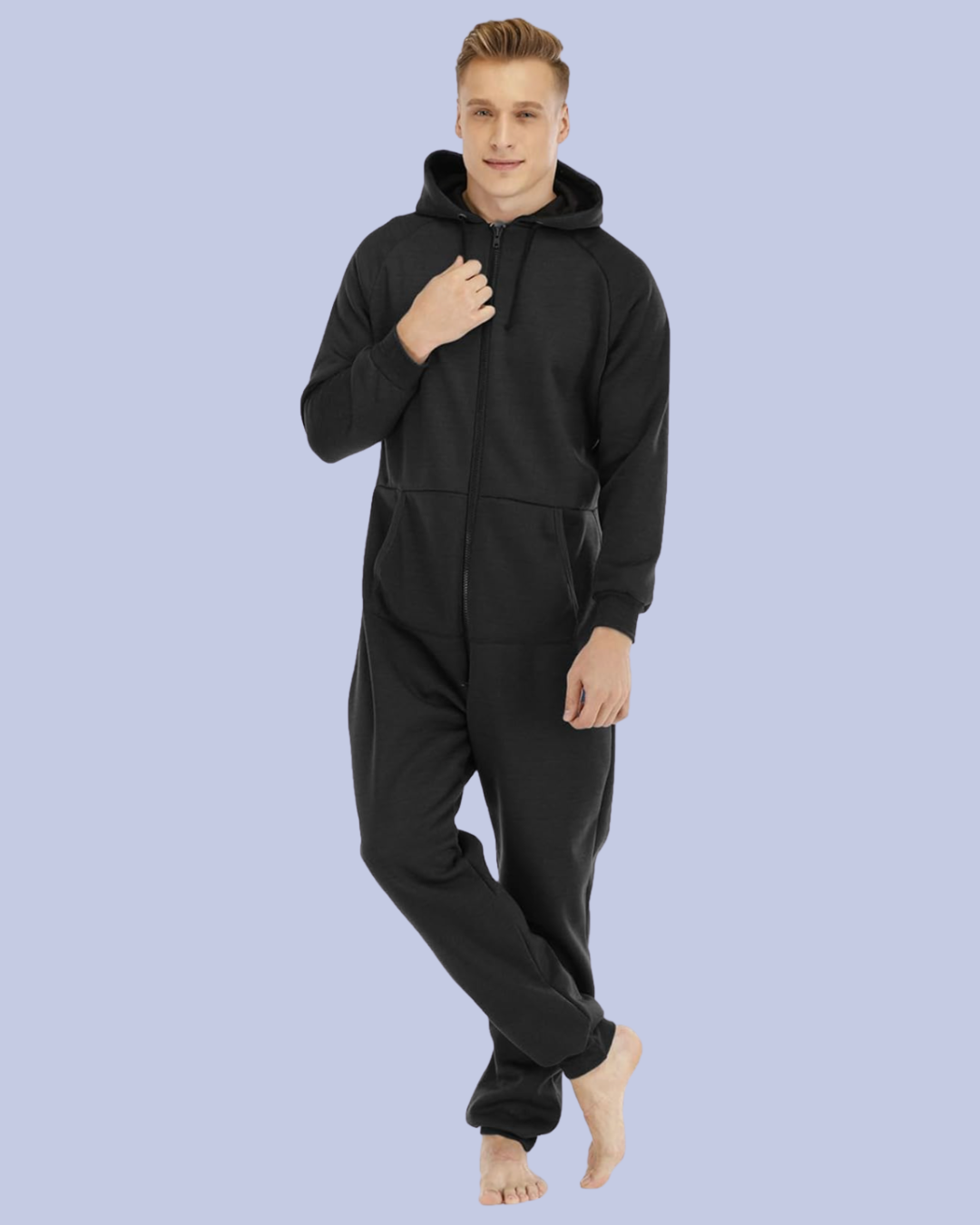 A front view of the black Men’s Fleece One Piece Hooded Jumpsuit