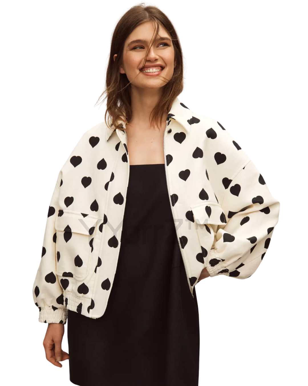 The Heart Pattern Lightweight Bomber Jacket in real life.