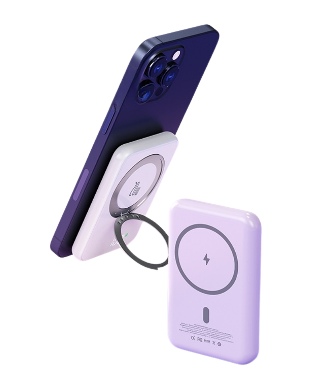 The horizontal display of the soft lavender Magnetic MagSafe 5000mAh Power Bank with Metal Ring Stand, Fast Charging & Smart LED Display