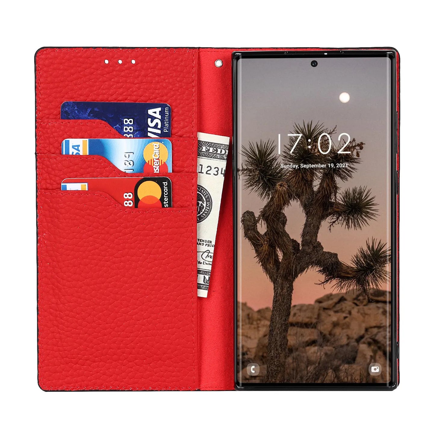 The inside view of the bright red Samsung Galaxy Leather Wallet Phone Case