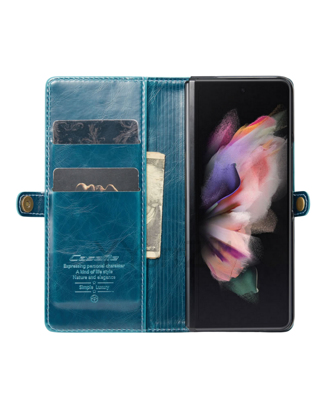 The inside view with card and cash slots of the teal Samsung Galaxy Z Fold3 5G Magnetic Leather Wallet Cover