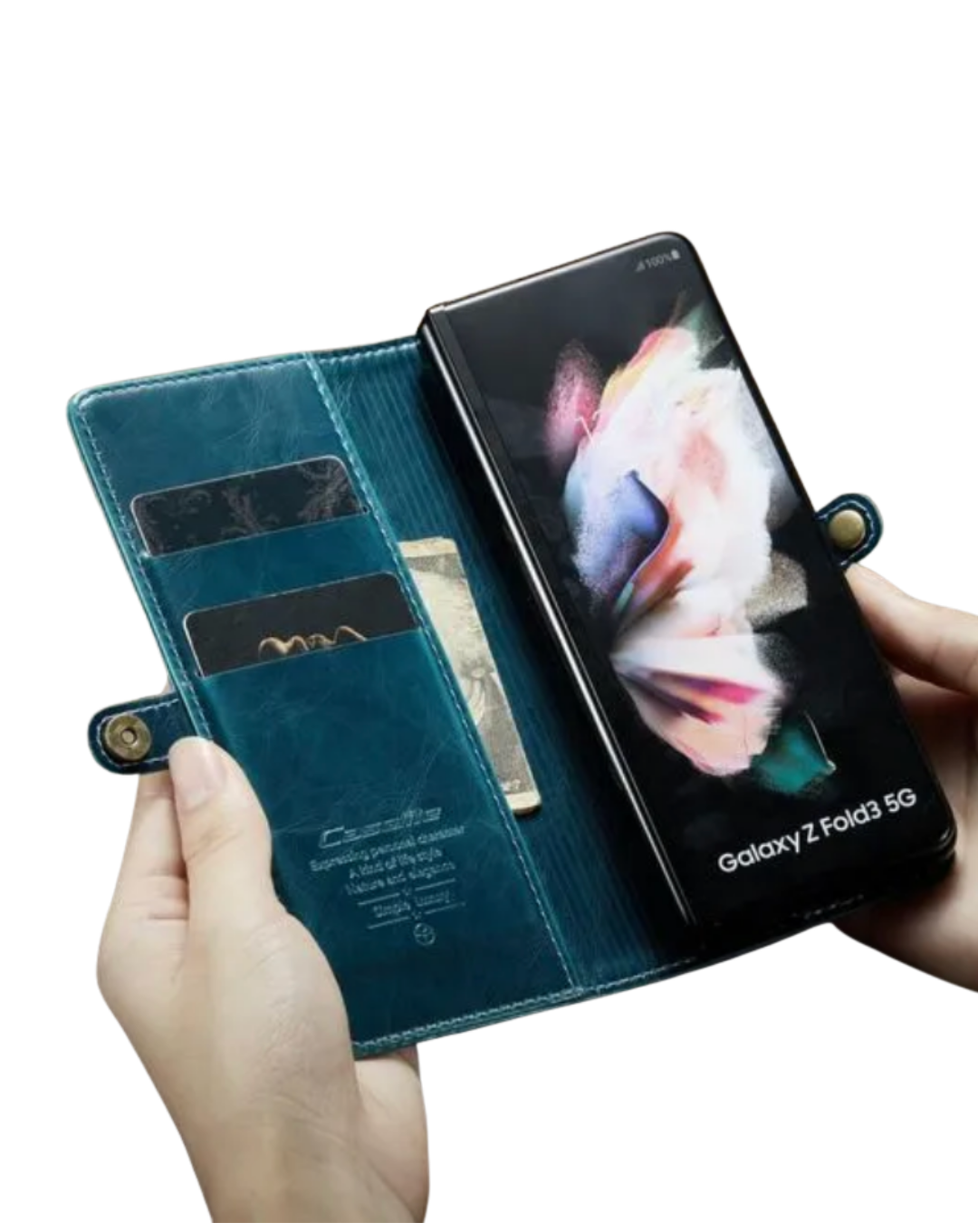 The inside view of the teal Samsung Galaxy Z Fold3 5G Magnetic Leather Wallet Cover