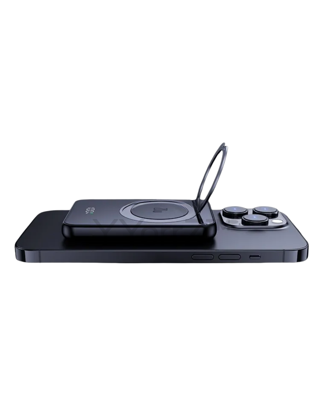 The black Magnetic MagSafe 5000mAh Power Bank with Metal Ring Stand, Fast Charging & Smart LED Display on landscape view.