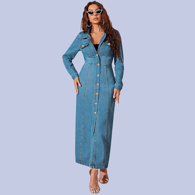 The front of the light stonewash blue Long Button Down Denim Maxi Dress Duster