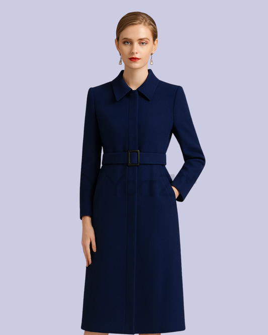 The Navy Blue Long Belted Wool Coat