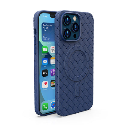 The navy blue Woven Pattern Magnetic Suction iPhone Case with Heat Dissipation