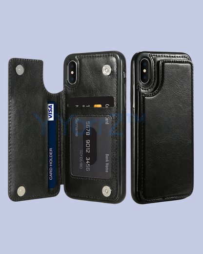 Open Black Multi-card Slot Double Openings Leather Smart iPhone Case