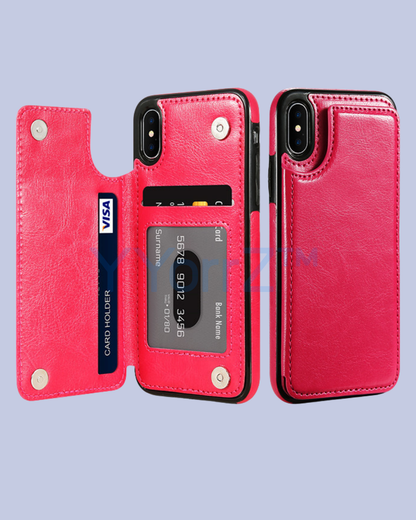Open Magenta Multi-card Slot Double Openings Leather Smart iPhone Case