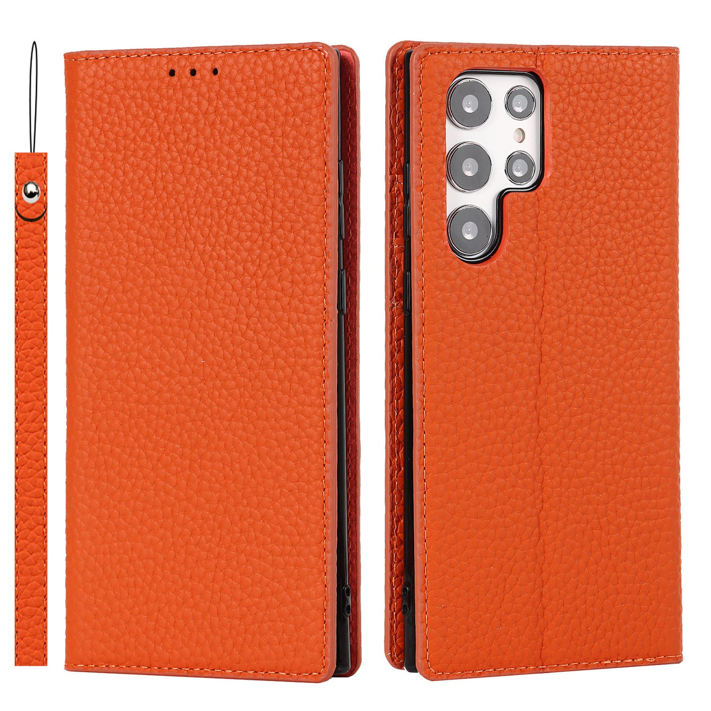 Display of the orange Samsung Galaxy Leather Wallet Phone Case