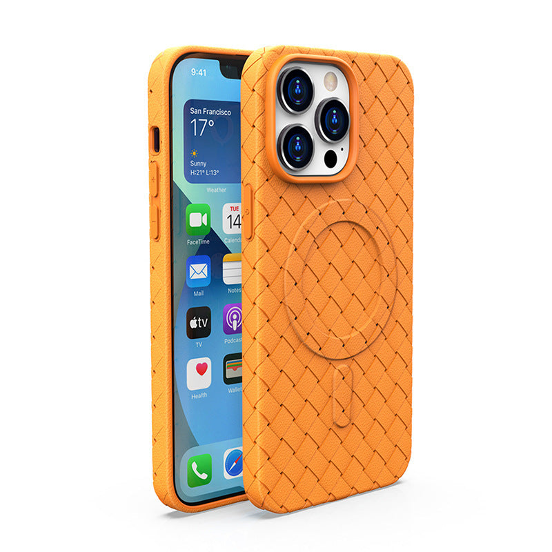 The orange Woven Pattern Magnetic Suction iPhone Case with Heat Dissipation