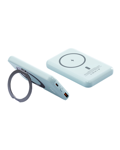 The pastel mint blue of the Magnetic MagSafe 5000mAh Power Bank with Metal Ring Stand, Fast Charging & Smart LED Display