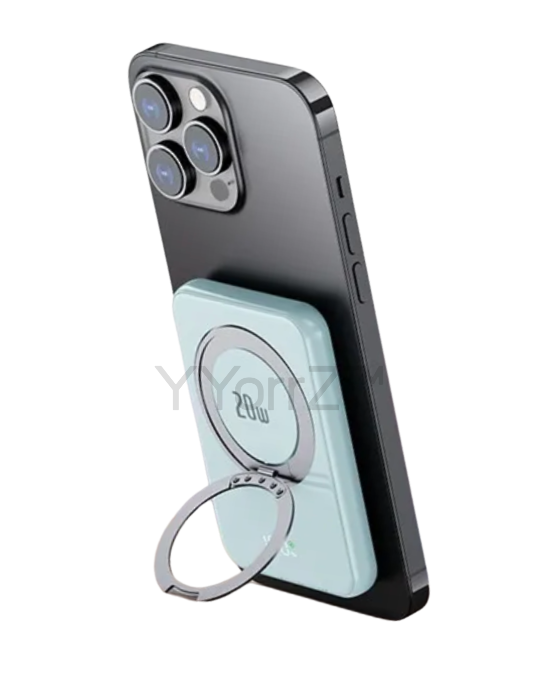 Horizontal view of the Pastel Mint Blue Magnetic MagSafe 5000mAh Power Bank with Metal Ring Stand, Fast Charging & Smart LED Display