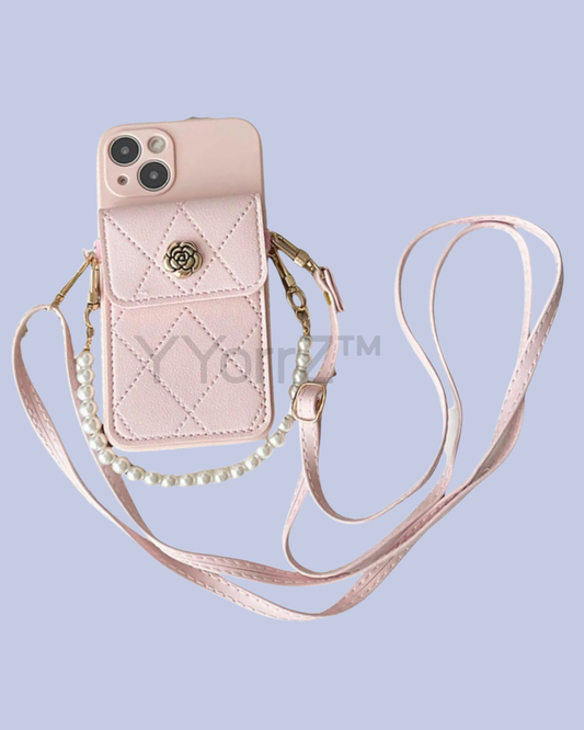 The pink color Crossbody Quilted iPhone Wallet Case with Pearl Chain Strap