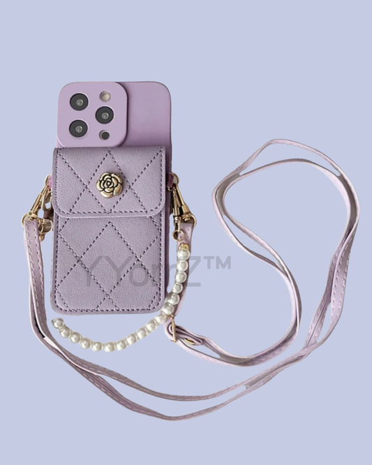 The Purple Crossbody Quilted iPhone Wallet Case with Pearl Chain Strap