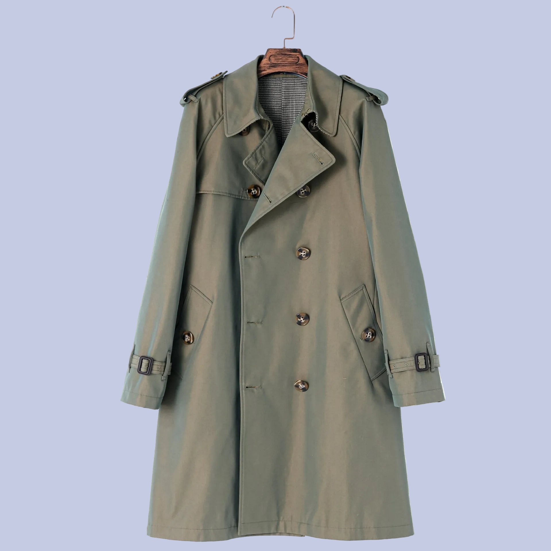The sage green Military Style Double-Breasted Trench Coat