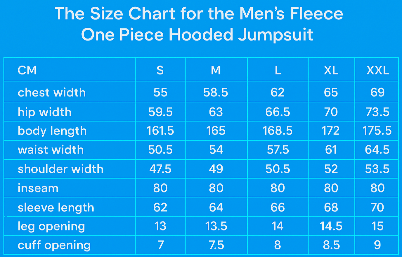 The Size Chart for the Men’s Fleece One Piece Hooded Jumpsuit.