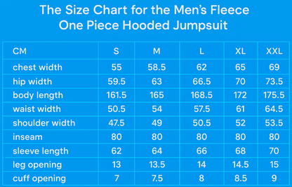 The Size Chart for the Men’s Fleece One Piece Hooded Jumpsuit.