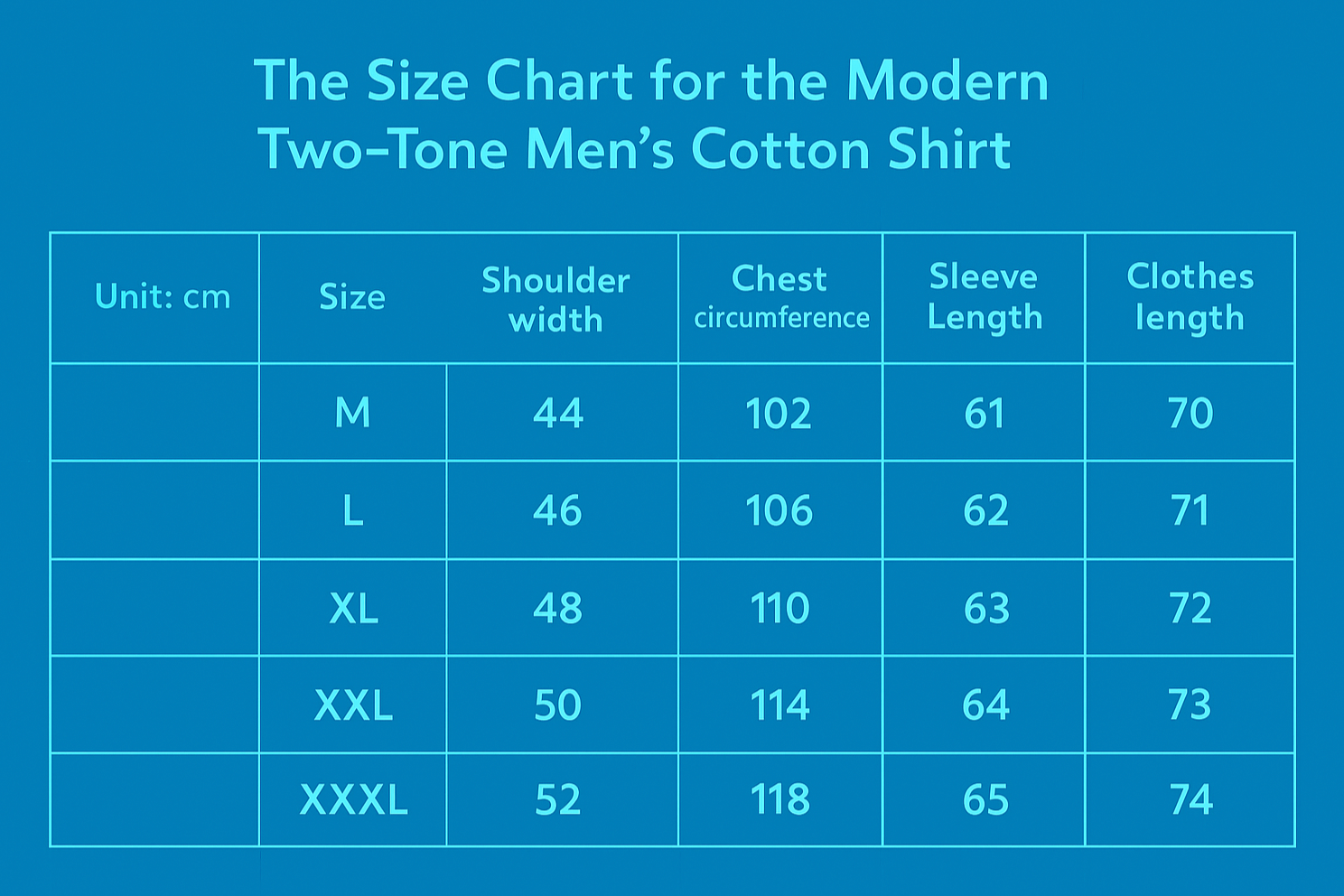 The Size Chart for the Modern Two-tone Men's Cotton Shirt