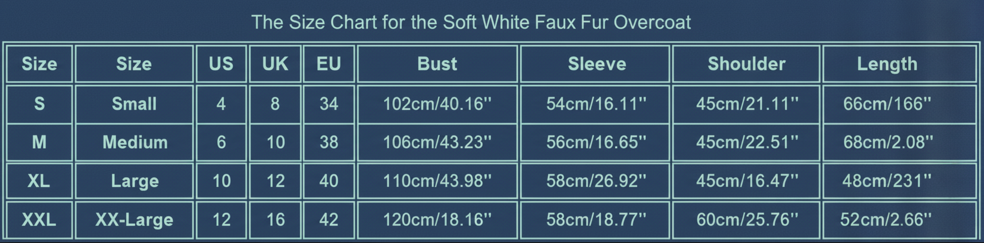 The Size Chart for the Soft White Faux Fur Overcoat