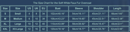 The Size Chart for the Soft White Faux Fur Overcoat