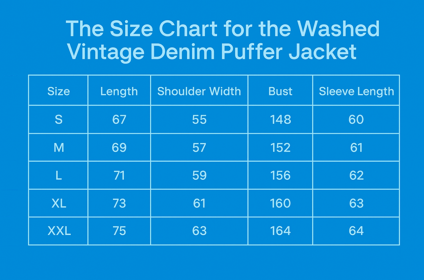The Size Chart for the Washed Vintage Denim Puffer Jacket.