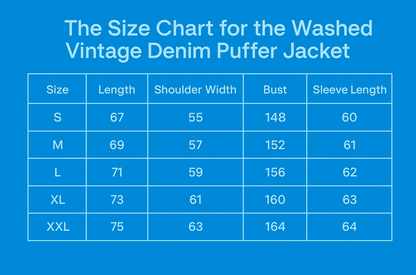 The Size Chart for the Washed Vintage Denim Puffer Jacket.
