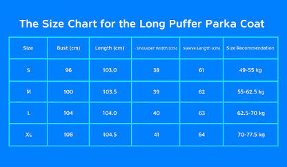 The Size chart for the Long Puffer Parka Coat.