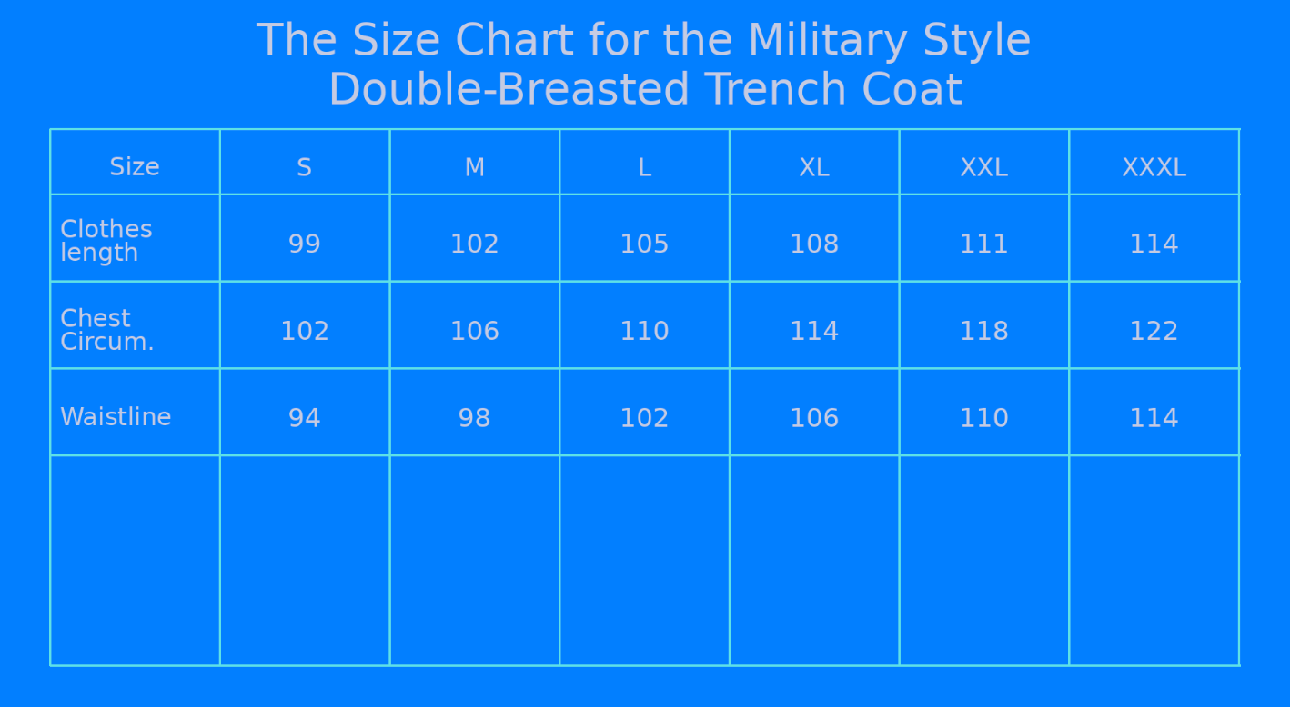 The size chart for the Military Style Double-Breasted Trench Coat