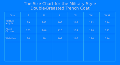 The size chart for the Military Style Double-Breasted Trench Coat