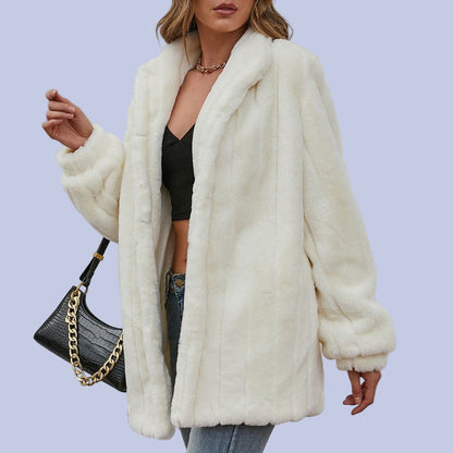 Unbuttoned Soft White Faux Fur Overcoat