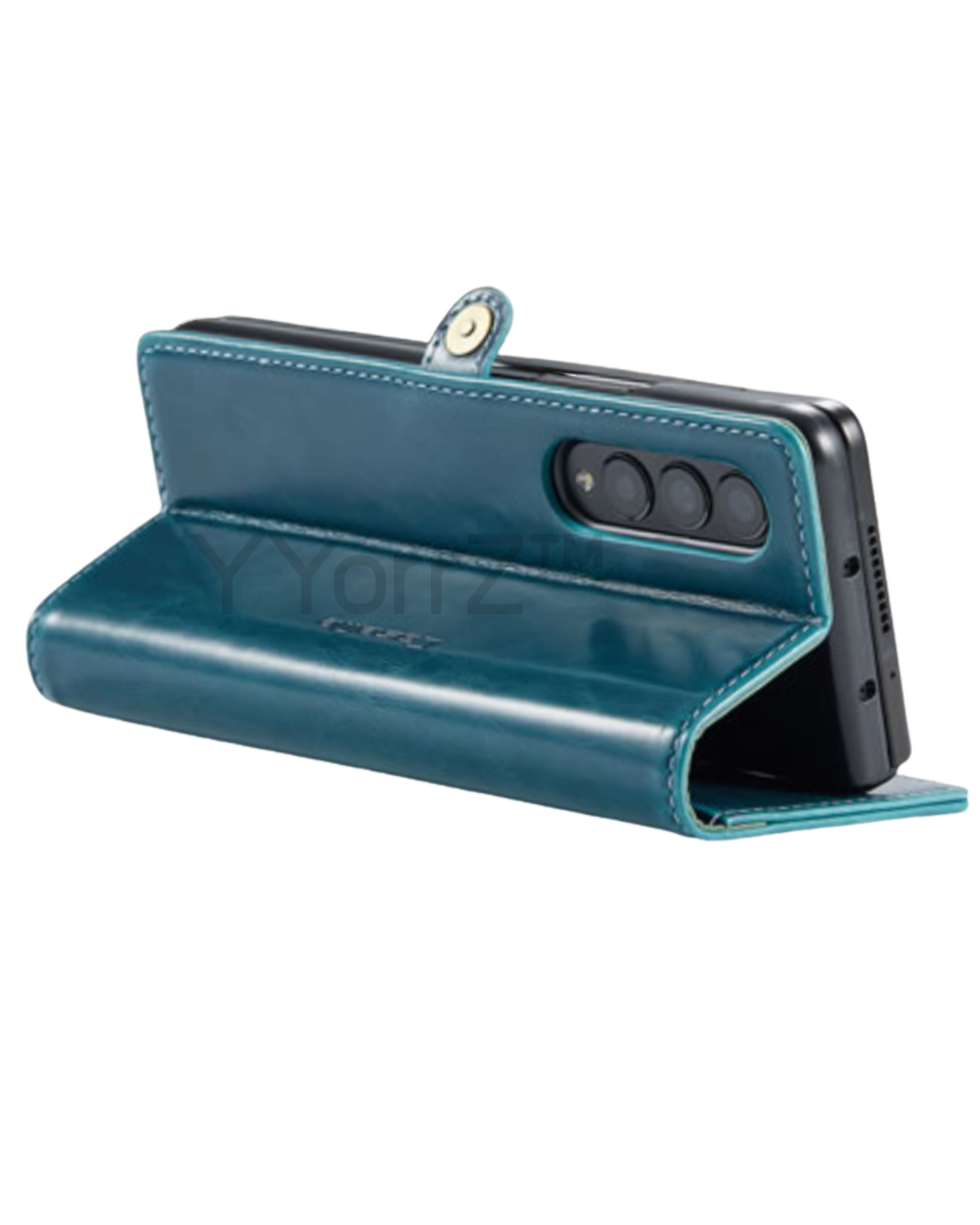 The tablet view of the teal Samsung Galaxy Z Fold3 5G Magnetic Leather Wallet Cover