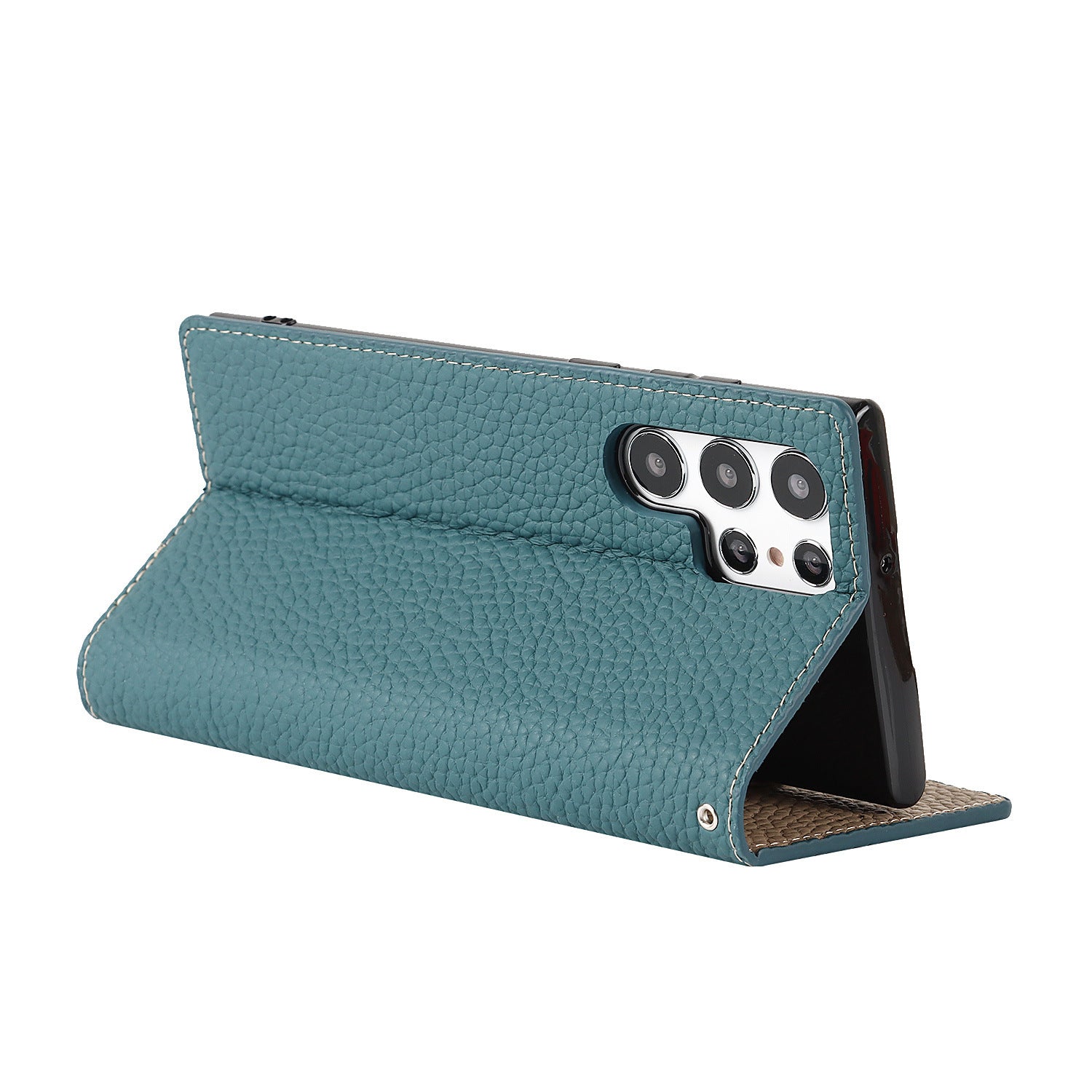 Handfree display of the deep teal Samsung Galaxy Leather Wallet Phone Case