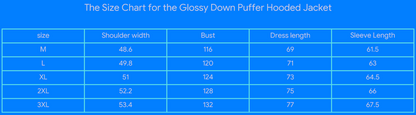 The Size Chart for the Glossy Down Puffer Hooded Jacket.