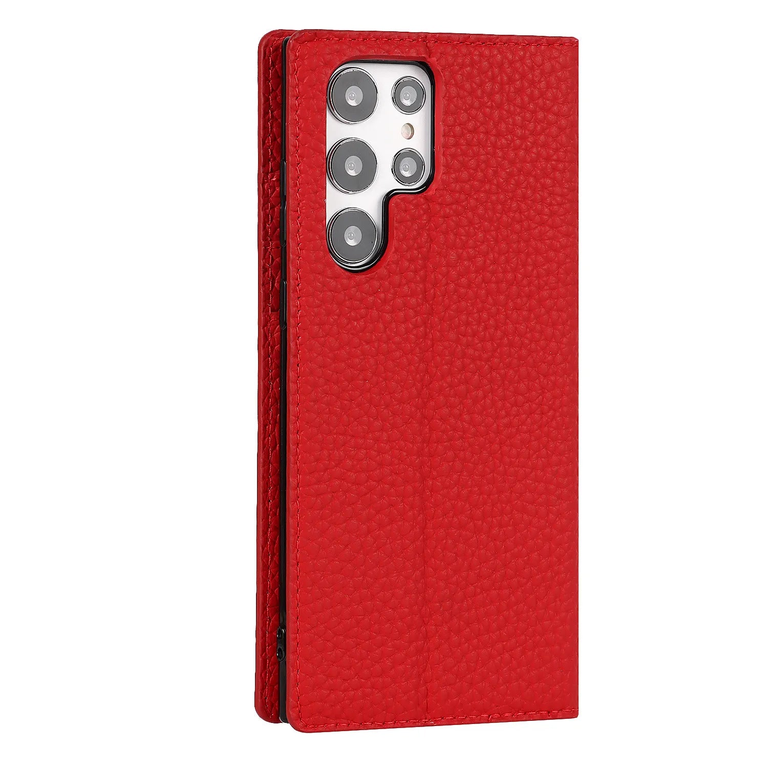 The camera cutout view of the bright red Samsung Galaxy Leather Wallet Phone Case