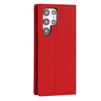 The camera cutout view of the bright red Samsung Galaxy Leather Wallet Phone Case