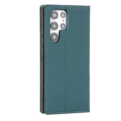 The camera cutout view of the deep teal Samsung Galaxy Leather Wallet Phone Case