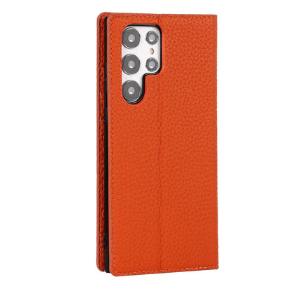 The camera cutout view of the orange Samsung Galaxy Leather Wallet Phone Case