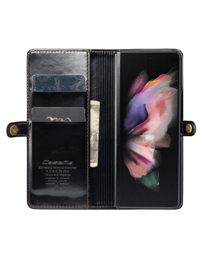 The inside of the cash and card slots of the dark vintage brown of the Samsung Galaxy Z Fold3 5G Magnetic Leather Wallet Cover