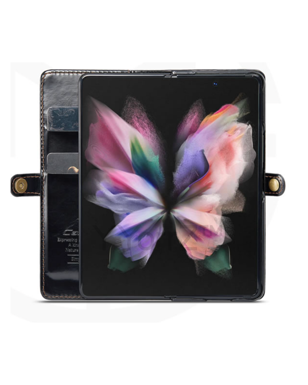 The inside of the cash and card slots of the black Samsung Galaxy Z Fold3 5G Magnetic Leather Wallet Cover