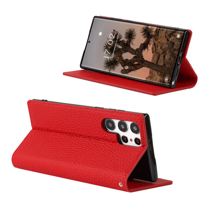 The handfree back and front display of the bright red Samsung Galaxy Leather Wallet Phone Case
