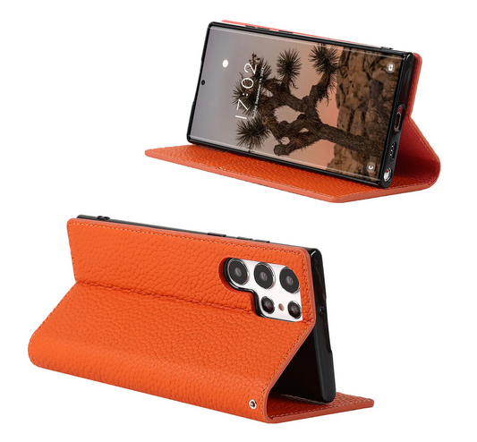 The handfree display of the orange Samsung Galaxy Leather Wallet Phone Case