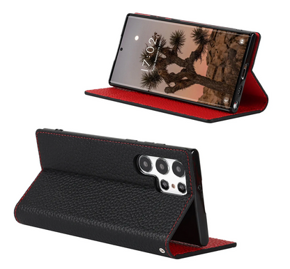 The handfree back and front view of the black Samsung Galaxy Leather Wallet Phone Case